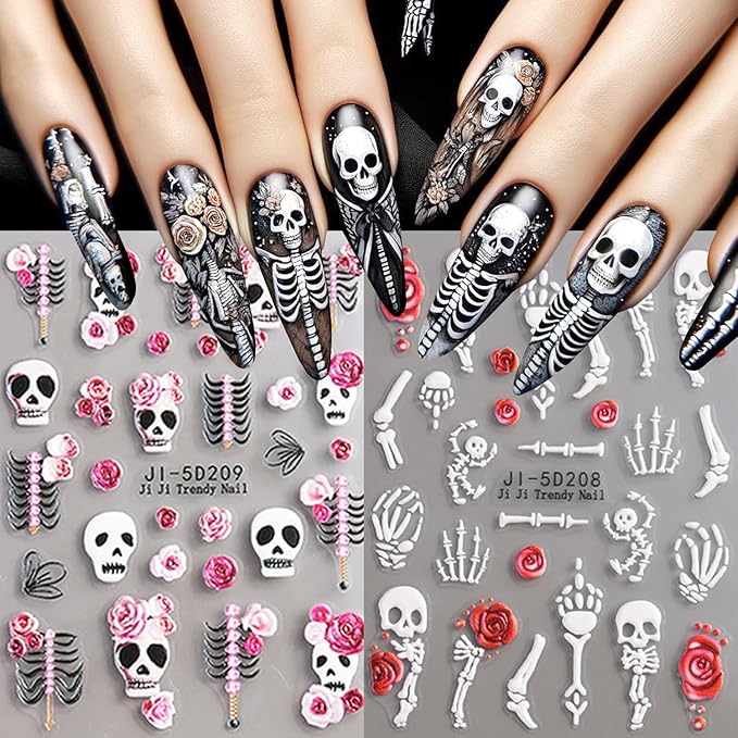 2Sheets Halloween Nail Art Stickers 5D Embossed Skull Bones Nail Decals with Cute Rose Flowers Designs Nail Stickers Self-Adhesive Skeleton Floral Nail Decal for Women DIY Manicure Decoration Supplies