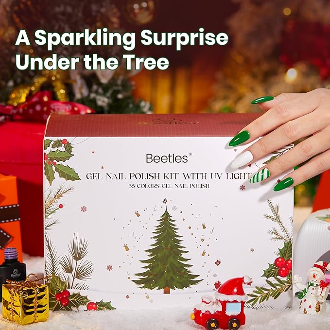 Beetles Christmas Gel Nail Polish Kit 66 Pcs with U V Light - 35 Color Gel Nail Kit Gifts for Teens Girls Women Soak Off Emotional Spectrum Red Winter Manicure Nails Decoration Tool Home DIY Set