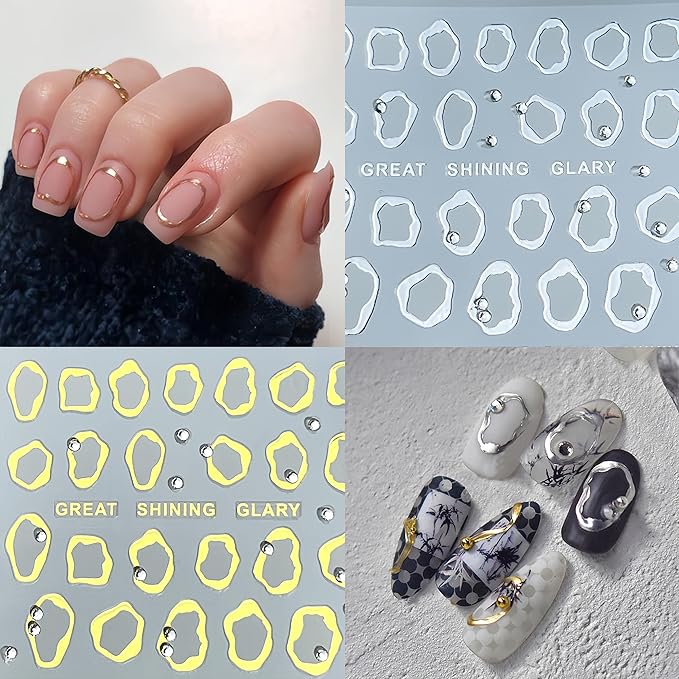Irregular Bronzing Nail Art Stickers Gold Silver Square Frame Nail Stickers with Rhinestone 5D Self Adhesive Nail Designs Decals Simple Nail Art Stickers for Women Girls Nail DIY Decoration 2 Sheet