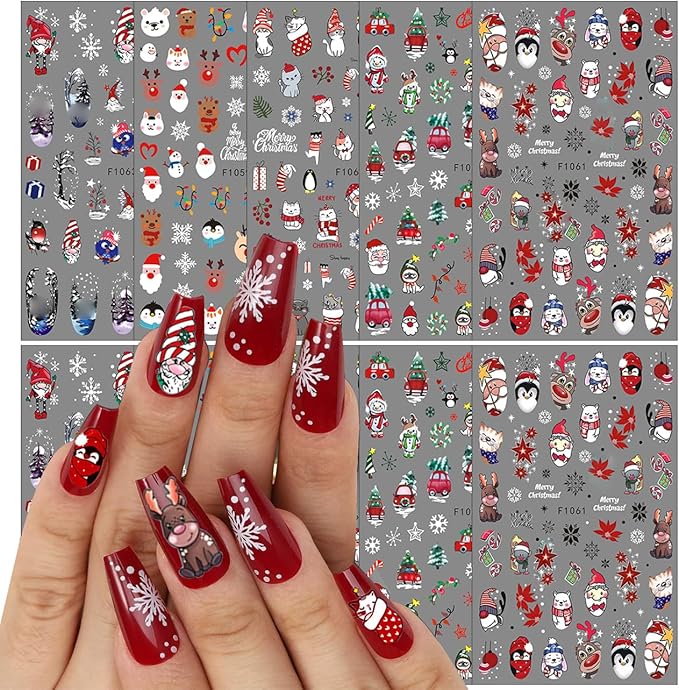 10PCS Christmas Nail Stickers for Kit- 3D Xmas Winter Nail Decals with Cartoon Elk Snowflake Santa Claus Snowman Bell Reindeer Bell Tree Design Holiday DIY Manicure New Year Christmas Nail Decoration