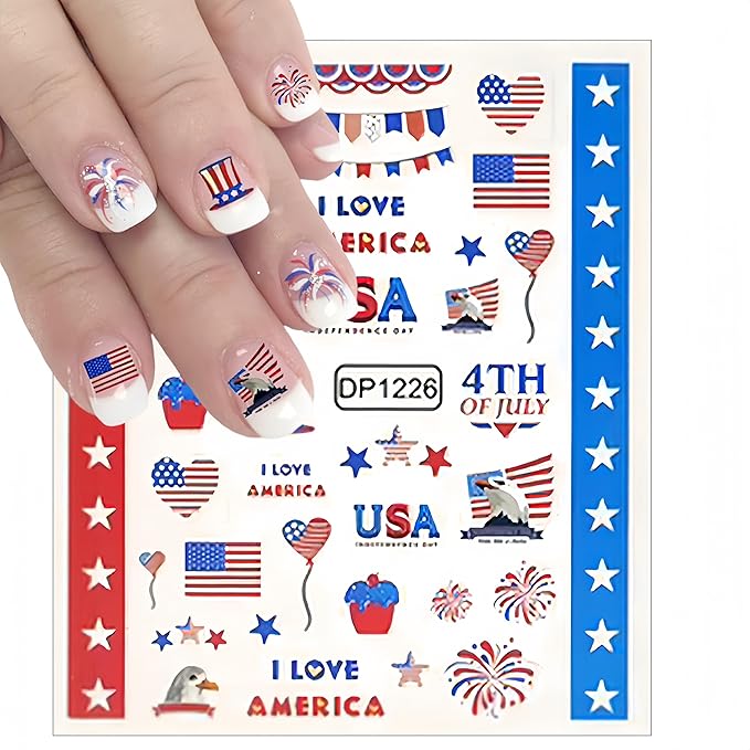 5 Sheets July 4th Nail Art Stickers 3D Self Adhesive American Flag I Love America Nail Decals Memorial Day for Women Nail Art Decoration