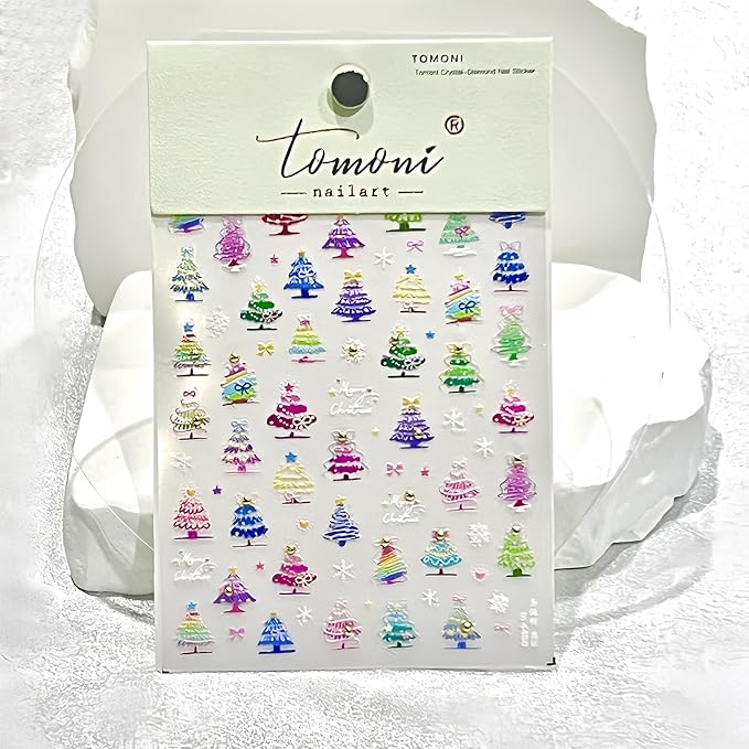 1 Sheet Cute Christmas Tree Nail Art Sticker 5D Embossed Colorful Christmas Tree with Gold Pearl Nail Sticker Decal Acrylic Nail Supplies for Women Girls DIY Nail Art Decoration