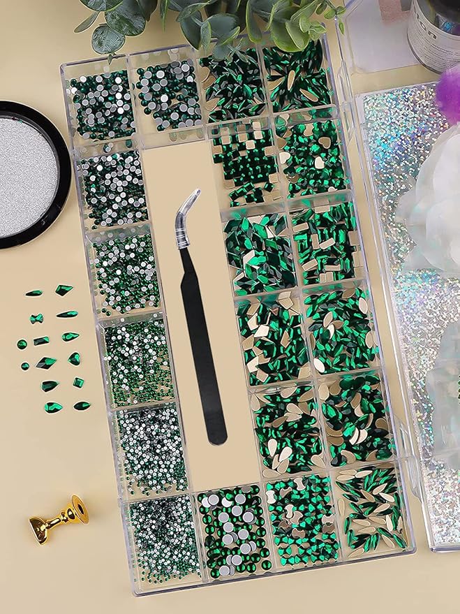 3100Pcs Green Rhinestones for Nail, EBANKU 12 Types of 600 Nail Diamonds +2500 Flat Rhinestones Kit Mixed Shape AB Nail Gems Jewels with Rhinestone Picker Dotting Pen Tweezers