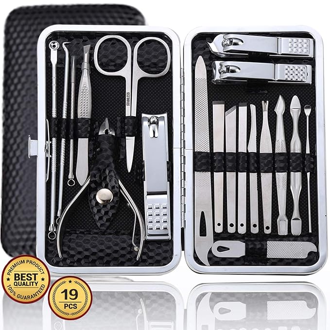 Manicure Set Pedicure Kit Professional 19 Pcs Nail Clipper for Men & Women Stainless Steel Sharp Cutter Grooming Nose Hair Scissors…Black Fingernails & Toenails with Portable Case (Black_19 pieces)