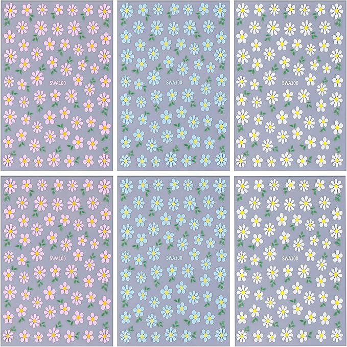 6 Sheets Flower Nail Art Stickers Daisy Nail Art Decals 3D Self-Adhesive Spring Nails Sticker Holographic Pink Blue White Blossom Nails Decal Decoration for Women Floral Manicure Supplies