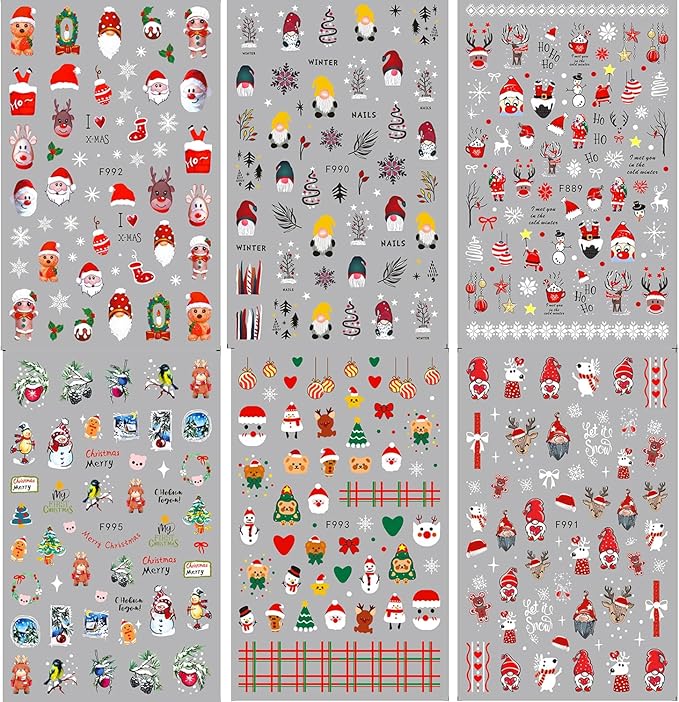 HNUIX Nail Stickers - Christmas 3D, Self Adhesive Nail Decals, Multi Colour Pattern, 10 Sheets, for Nail Art