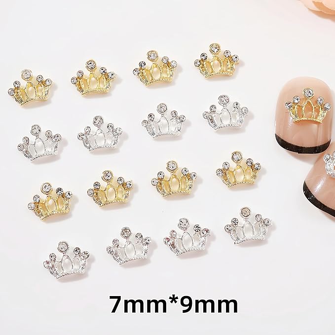 24pcs Metal Crown Nail Charms Shiny Gold Silver Nail Rhinestones Hollow Out Crown Nail Gem Exquisite Luxury Crown Nail Design Crystal Crown Nail Jewels Nail Decorations for Nail Art DIY Nail Supplies