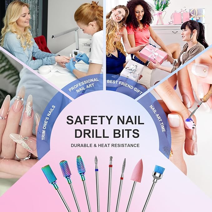 3/32'' Nail Drill Bits Set – 8pcs Tungsten Carbide & Diamond Bits for Acrylic, Gel & Cuticle Removal – Professional Electric Nail File Kit for Manicure, Pedicure – Home & Salon Use