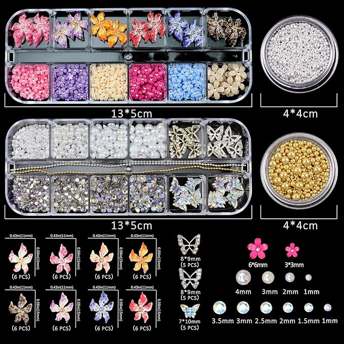 4 Boxes Nail Gems Colorful Flower Nail Charms for Acrylics - Crystals, Half Rounds Flatback Pearls and Rhinestone & Accessories for DIY Nails Art Decor for Women Nails Design