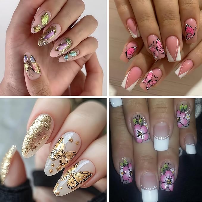 8 Sheets Gold Edge Butterfly Nail Stickers 3D Self Adhesive Holographic Colorful Butterfly Cherry Blossoms Decals Spring Glitter Gold Flower Design Supplies for Women Girls Manicure Decoration