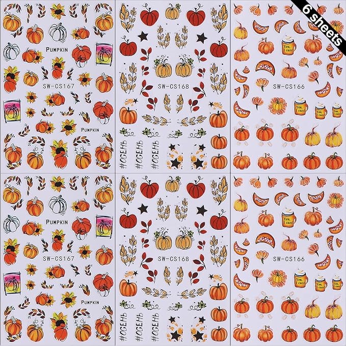 6 Sheets Cute Pumpkin 3D Self-Adhesive Nail Art Stickers with Pumpkin Seeds Designs, Flower Star Letter Nail Decals for Women Salon