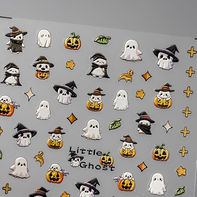 5D Embossed Halloween Nail Art Stickers Cute Ghost Self-Adhesive Pegatinas Uñas with Stars Leaf Pumpkin Designs Nail Decals Halloween DIY Manicure Supplies for Women Girls Nail Art Decoration 1Sheets