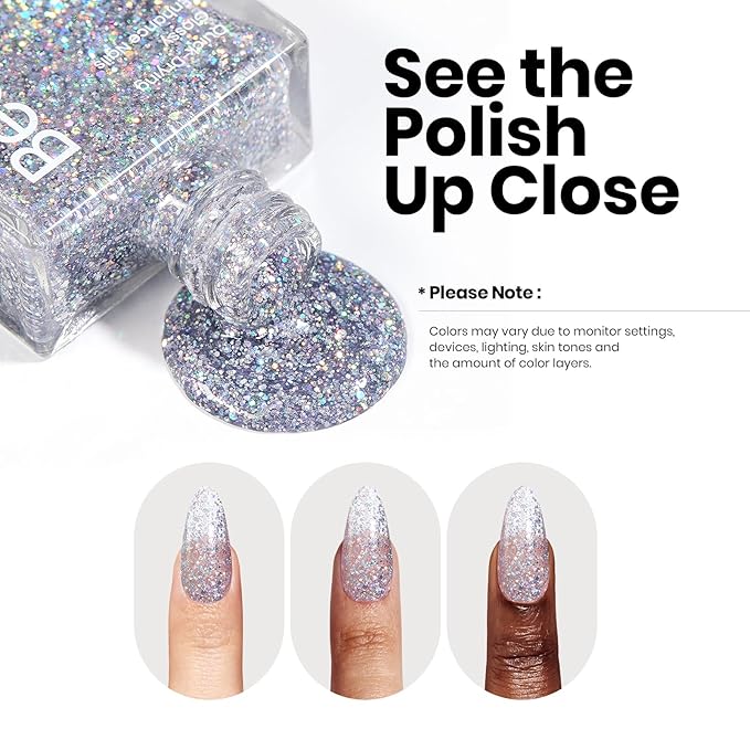 Beetles Silver Glitter Nail Polish, 1Pcs 15ml Silver Color Sparkle Nail Polish Quick Dry, Holographic Nail Lacquer Art Effect for Nail Salon DIY at Home, Nail Art Design for Women