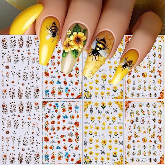 8 Sheets Multi Styles Sunflower Nail Art Stickers Summer Floral Self-Adhesive Yellow Orange Sun Flowers Butterfly Bees Decals Nail Sticker for Women Girls Manicure Tips Decoration