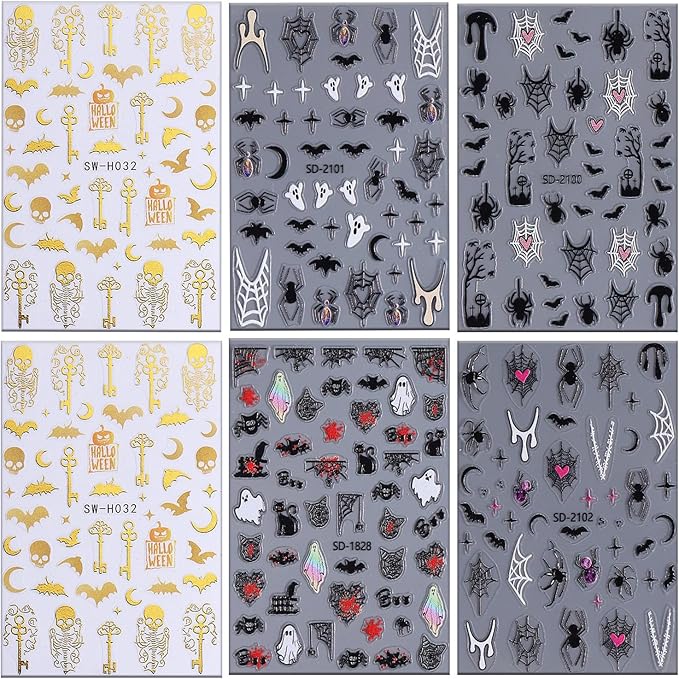 6 Sheets Halloween Nail Art Stickers 3D Self -Adhesive Ghost Bat Spider Nail Decals Holographic Spider Web Skeleton Blood Drop Nail Stickers Halloween Nail Decoration for Women Manicure Supplies