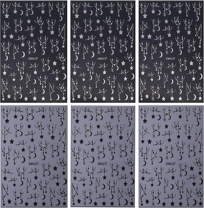 6 Sheets Moon Star Nail Art Stickers 3D Self -Adhesive Hollow Stars Nail Decals Holographic Black & Silver Pendant Star Moon Nail Stickers Unique Nail Decoration for Women Manicure Supplies