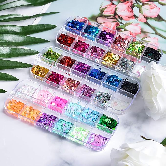 36 Colors Heart Glitter Nail Art Sequins, EBANKU Holographic Heart Shaped Nail Sequin Laser Heart Nail Art Flake Glitter Decals for Face Eyes Nail Art Decoration DIY Craft (3 Boxes)