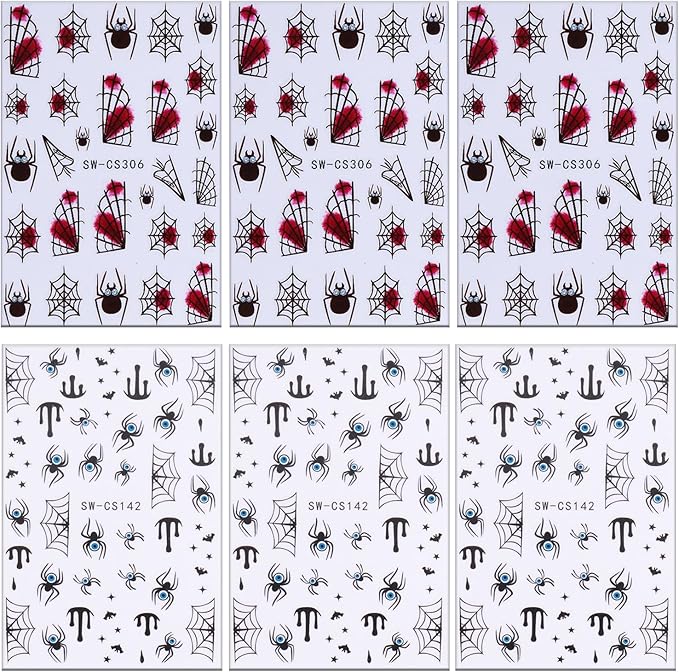 6 Sheets Halloween Nail Art Stickers 3D Self -Adhesive Blood Spider Web Nail Decals Holographic Black Blue Spider Blood Drops Nail Stickers Halloween Nail Decoration for Women Manicure Supplies