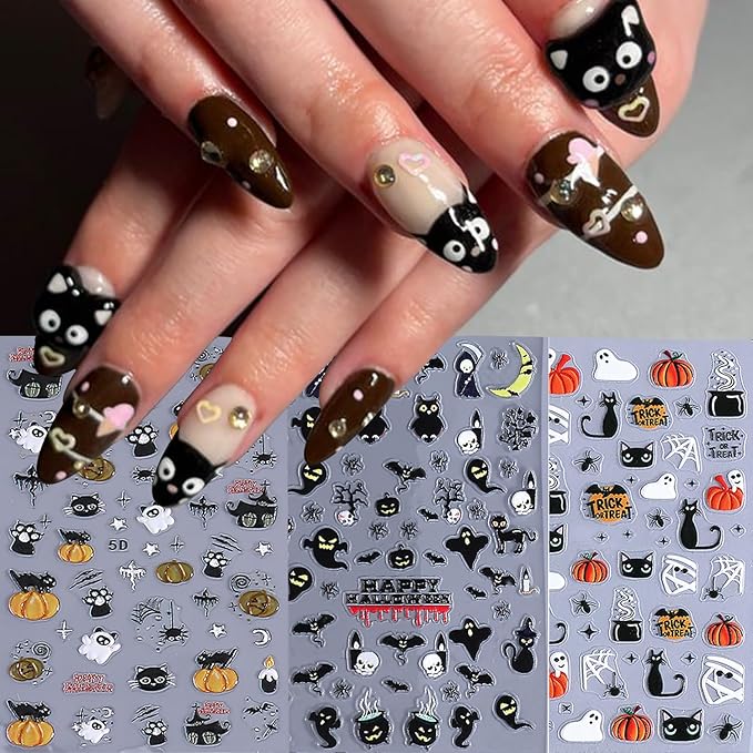 3 Sheets 5D Embossed Halloween Cat Nail Stickers for Nail Art Self Adhesive Cat Cute Ghost Nail Decals Spooky Spider Web Pumpkin Bandage Nail Designs Stickers Holiday Nails Supply for Women Manicure