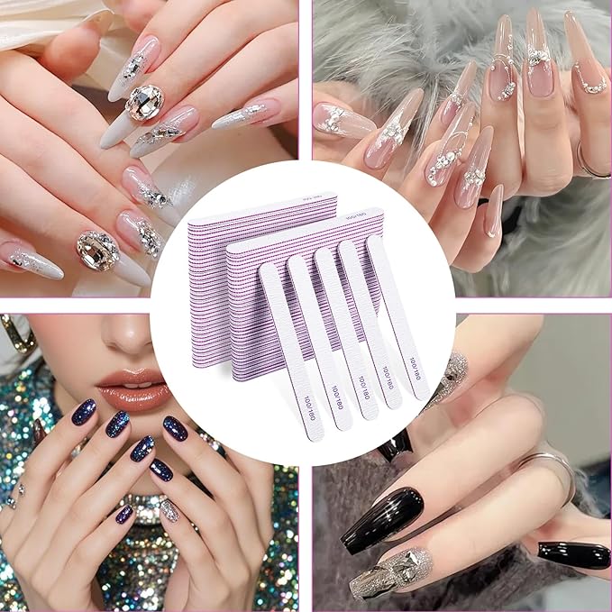 150 Pcs 100/180 Grit Nail Files, Double Sided Emery Boards, Washable Reusable Nail Buffers, Manicure Tools for Natural Acrylic Toenails Home and Salon Use