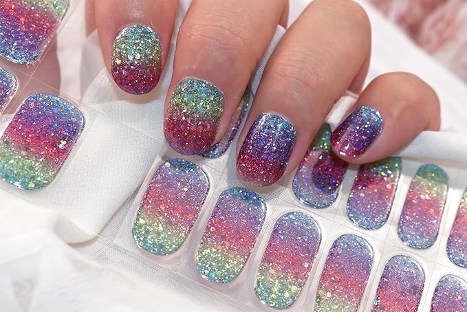 Semi Cured Gel Nail Strips Glitter Gel Nails Sticker 22pcs Rainbow Sequins Nail Wraps for Home Nails DIY