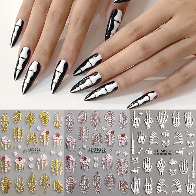3Sheets Halloween Nail Art Stickers 5D Embossed Skeleton Nail Decals with Rose Flower Design Nail Stickers Self-Adhesive Skull Hand Bones Nail Decal Gothic Nail Sticker for Women DIY Nails Decoration