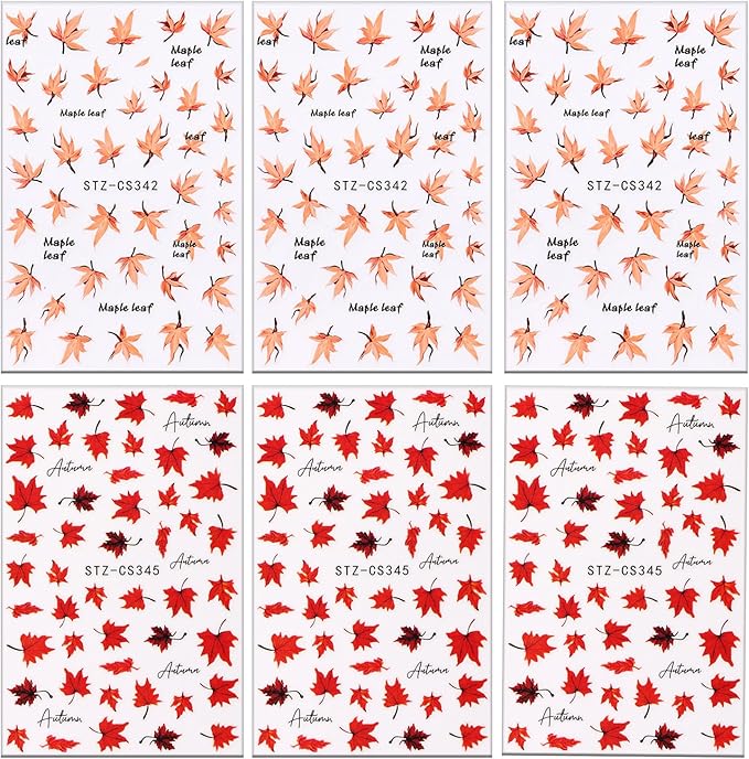 6 Sheets Thanksgiving Day Nail Art Stickers 3D Self -Adhesive Fall Red Maple Leaf Nail Decals Holographic Autumn Maple Leaf Letter Nail Stickers Festival Nail Decoration for Women Manicure Supplies