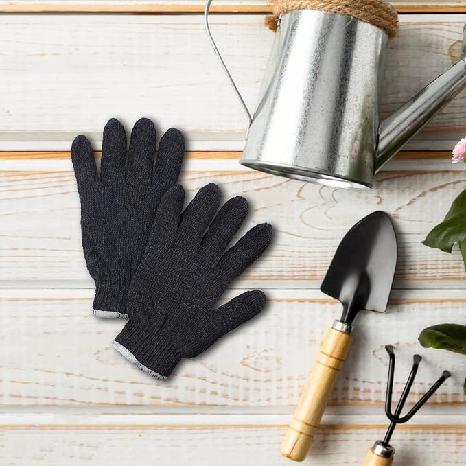 Gray Work Cotton Gloves for Men and Women, 9 Inches. Pack of 24 (12 Pairs) String Knit Work Gloves with Elastic Knit Wrist. Machine Washable Cotton Polyester Gardening Gifts