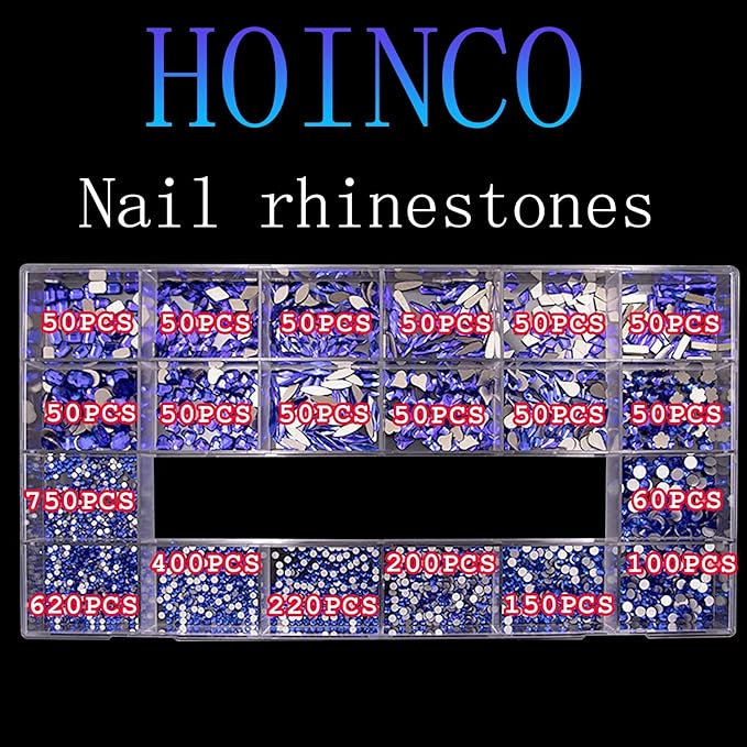 3100Pcs Flat Back Rhinestones for Nails, HOINCO Blue Rhinestones for Nails, Mix 20 Styles Flatback Rhinestone/Gems, 600 Diamonds + 2500 Round Rhinestones Beads for Nail Crafts with Tweezers Pen