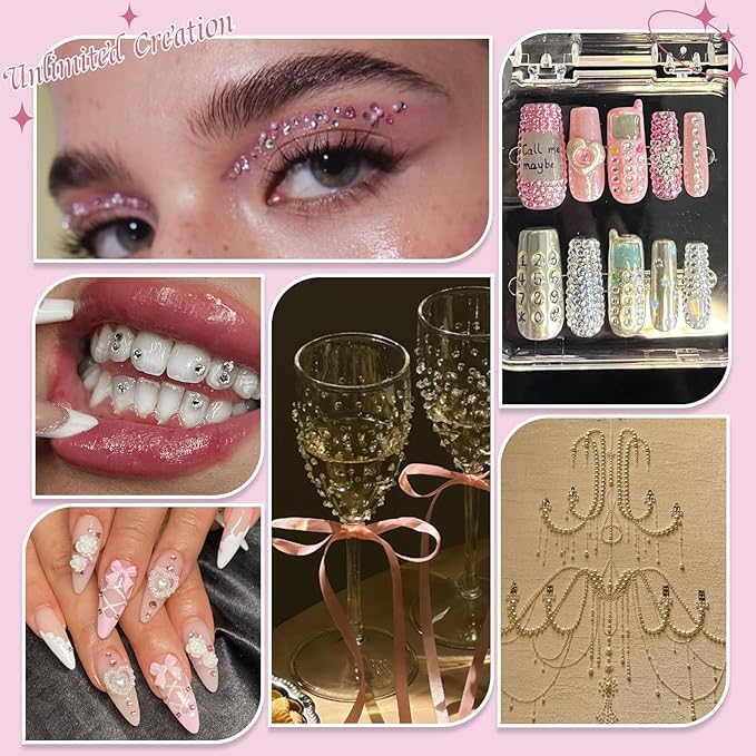 Rhinestones, AB Crystal Nail Gems Pink Opal Nail Rhinestones with Aurora Bubble Beads Pearls Star Heart Bows Nail Charms and Rhinestone Picker Tools for Kwaii Y2K Nail Art Decor - 3 Boxes