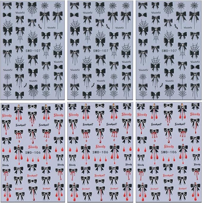 6 Sheets Halloween Nail Art Stickers 3D Self -Adhesive Black Bow Spider Web Nail Decals Holographic Bat Blood Drops Nail Stickers Halloween Nail Decoration for Women Manicure Supplies
