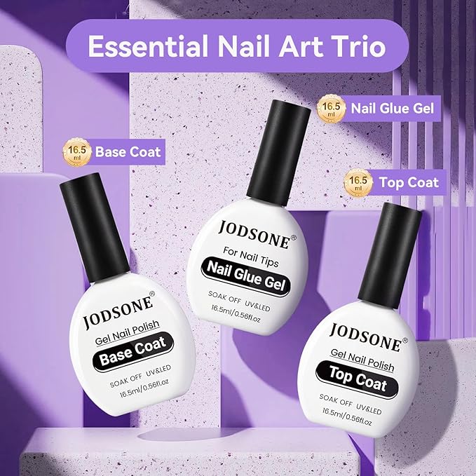 JODSONE 3Pcs 16.5ml Top Coat and Base Coat Set with Nail Glue Gel No Wipe Top Coat Base Nail Glue Gel for Attaching False Nails Securing Decorations Need U V Lamp Cured