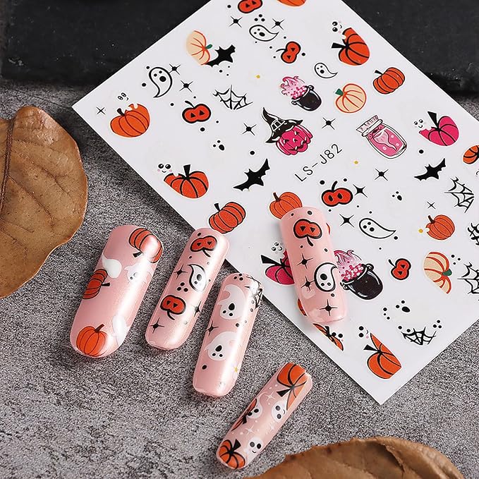 6 Pcs Halloween Nail Art Stickers,3D Self-Adhesive Nail Decals Ghost Cute Pumpkin Bat Cat and Skull Designs Nail Decorations Halloween DIY Manicure Supplies for Women Girls