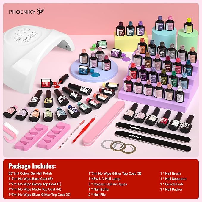 PHOENIXY 71 Pcs Gel Nail Polish Kit with U V Light, 55 Colours Gel Polish with 5 Pcs Base Top Coat Manicure Starter Nail Polish Set Gifts for Women ST9018