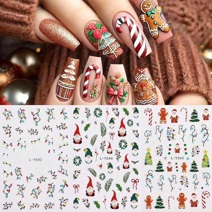3Sheets Christmas Nail Art Stickers 3D Christmas Lights Tree Designs Nail Decals Self-Adhesive Santa Claus Gingerbread Man Nail Stickers Holly Sprigs Snowflake Nail Decal for Women DIY Manicure Decor