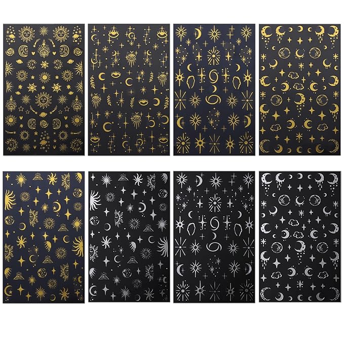 8 Sheets Gold Sun Nail Art Stickers - Sliver Moon Star Self-Adhesive 3D Nail Decals for DIY Golden Slivery Manicure