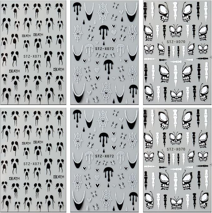 Halloween Nail Art Stickers 3D Self -Adhesive Glitter Powder French Heart Spider Web Nail Decals Holographic Black White Butterfly Wings Ghost Design Nail Stickers Halloween Nail Decoration for Women