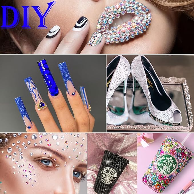 Canvalite 2784PCS Blue Rhinestones Flatback Gems, Nail Rhinestones Nail Art Gems with Glues, Pick Up Tweezers and Rhinestone Picker Dotting Pen, Nail Art Tools for Nails, Clothes, Face, Crafts