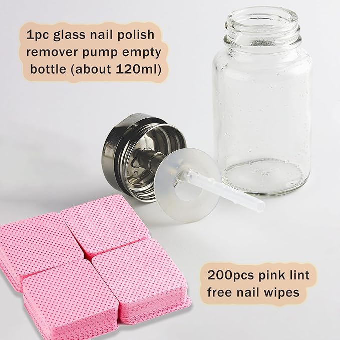Clear Nail Polish Remover - 120ml Glass Metal Push Down Pump Dispenser - 200pcs Lint Free Nail Wipes - Alcohol Eye Makeup Remover
