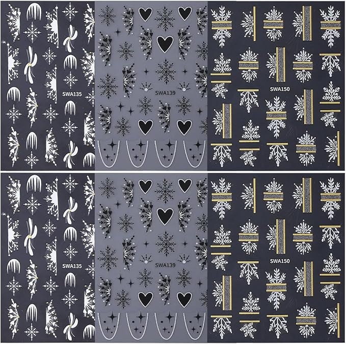 Christmas Nail Art Stickers Decals Snowflake Nail Decals 6PCS White Black Snowflake Gold French Stripe Tips Heart 3D Self-Adhesive Christmas Nail Stickers for Women Holiday DIY Nail Art Decorations