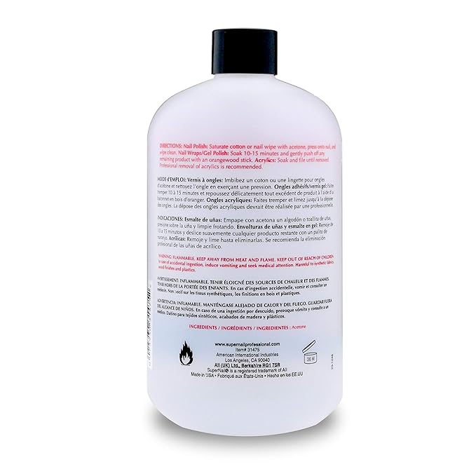 Supernail Pure Acetone Nail Polish Remover - Professional Strength for Acrylic, Gel & Dip Powder, Fast & Quick Gel Nail Polish Remover, 16 fl oz