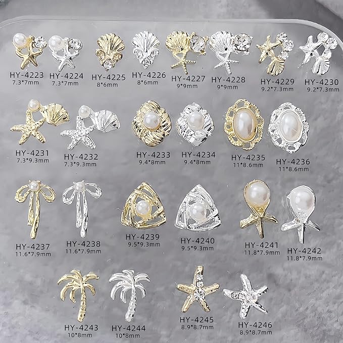 24Pcs Gold Starfish Seashell Charms for Nails Alloy Summer Beach Nail Rhinestones Ocean Theme Nail Art Jewelry Coconut Tree Starfish Pearl Nail Supplies for Nail Art Designs DIY Manicure Decoration