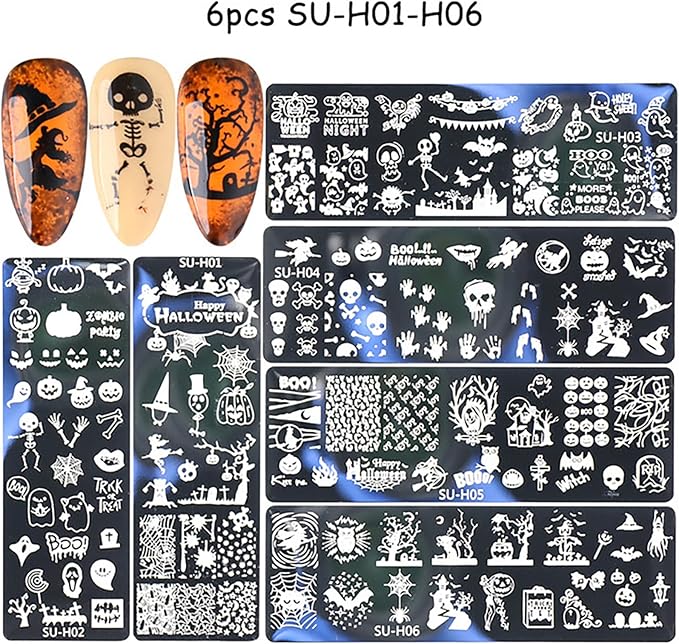 Halloween Nail Stamping Plate Art Stamping Kits DIY Printing Tools with Pumpkin Bat Witch Spider Owl Ghost Face Design Fashion Nail Stamp Art Decoration for Women 6Pcs