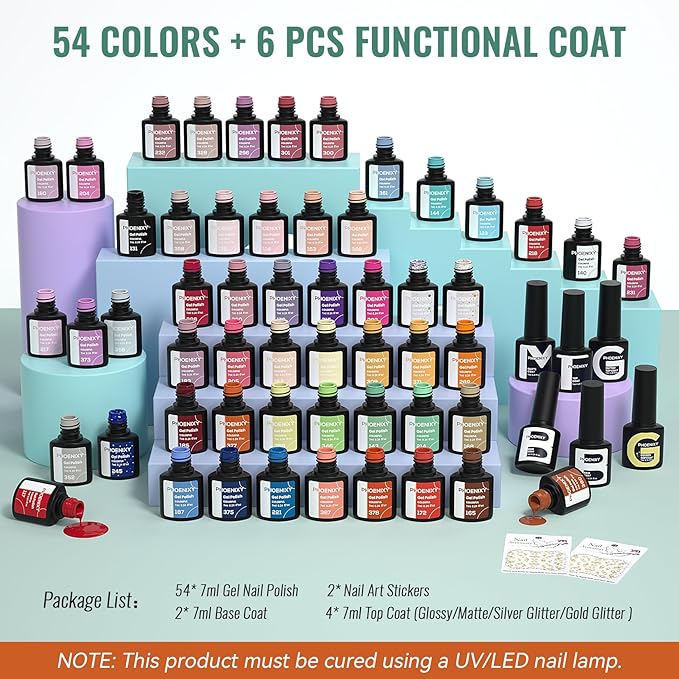 phoenixy 62 PCS Gel Nail Polish Set 54 Colors Fall Gel Nail Polish Kit with Base Coat Glossy Matte Glitter Top Coat Gifts for Women Girls
