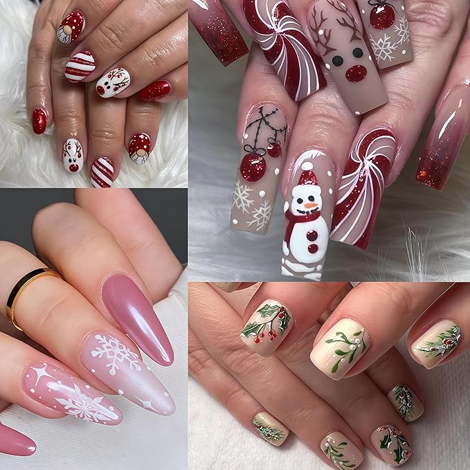 8 Pcs Snowflake Nail Stickers 5D Embossed Self-Adhesive Xmas Snowball Nail Decals Christmas Tree Nail Art Stickers Lantern Ball Holly Leaf Snowmen Nail Supplies for Women Winter Holiday DIY Manicure