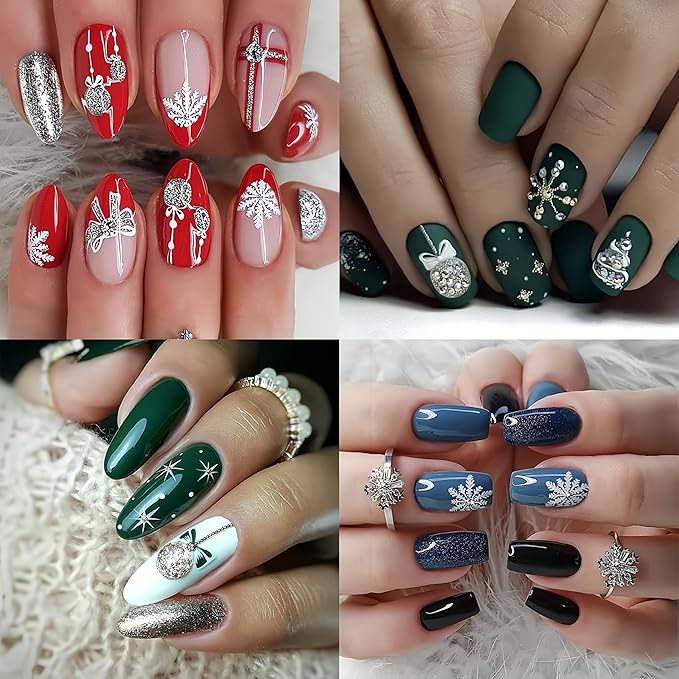 8 Christmas Nail Art Stickers Green French Snowflake Christmas Tree Elk Decal Stickers Silver Glitter Bell Bowknot Winter Design Suitable for Ladies Girls DIY Nail Art Decoration