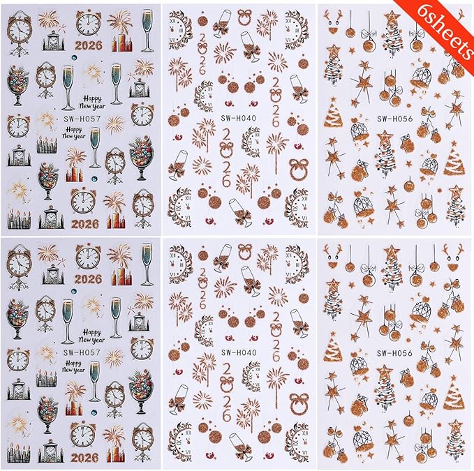 Christmas Nail Art Stickers Fireworks Clock Nail Stickers 6PCS Gold Glitter Lantern Ball Champagne Tree 2026 Design 3D Self-Adhesive Xmas Nail Decals Manicure Supply for New Year Nail Art Decorations