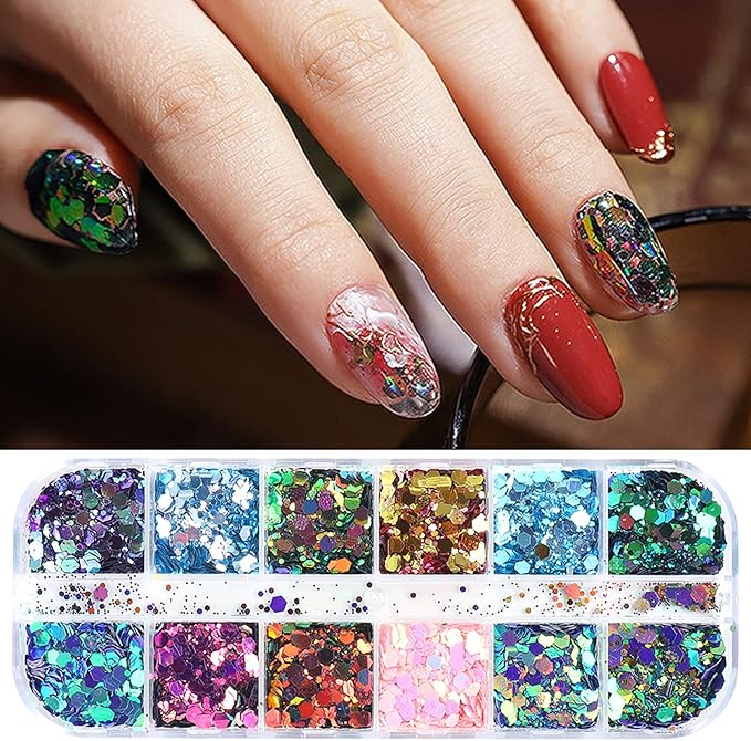 12 Colors Chameleon Nail Art Sequins 3D Nail Glitter Flakes Laser Gradient Nail Art Design Holographic Nail Glitters Powder for Women Girls Manicure Tips Charms Decoration DIY Nails Supplies