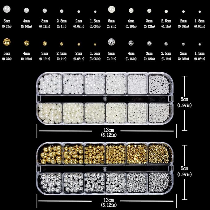 Nail Art Pearls with Rhinestones Glue Gel Flatback Pearls Nail Charms Luxurious Nails Supplies Accessories Silver Gold Gems Pearl Colorful Pearl for Women Nails Design