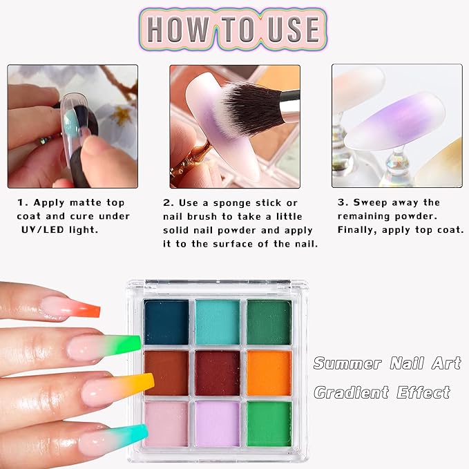Nail Pigment Palette 9 Colors Gradient Ombre Nail Powder Set for DIY Manicure Beginners - Perfect Nail Design with Ultra Fine Powder - Includes 5 Sponge Sticks 1 Brush #07